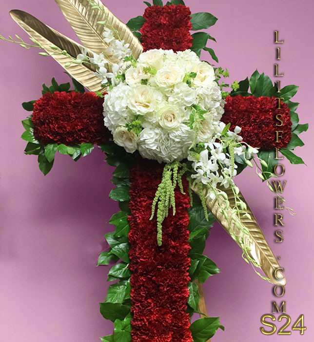 gorgeous funeral cross with red carnations and white roses we deliver to Forest Lawn Hollywood Hills, Burbank