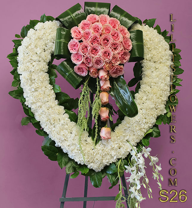 magnificent funeral arrangement sympathy open heart with white carnations and pink roses send to Forest Lawn Burbank