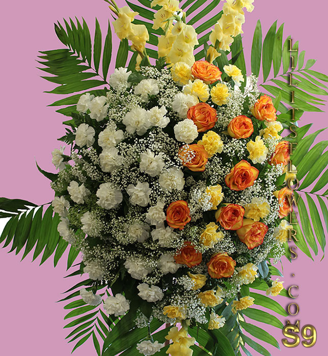 Sympathy Florist in Glendale Flower Delivery Funeral Flowers - White and Yelow spray filled with white and yellow carnations and yellow roses . All funeral service arrangements are custom made. If you would like other flowers in the arrangement please indicate in "special instructions" at checkout. Or call for more assistance. 
Lilit's Flowers funeral florist  is the premier online flower shop for the Glendale and the surrounding towns. Order flowers online from Glendale Florist for same day local flower delivery from conveniently located shops in Southern California to send flowers to Glendale, Los Angeles, Hollywood, Echo Park, Silver Lake, Atwater Village, Burbank, Sherman Oaks, La Cañada, Flintridge, Pasadena, San Marino, Alhambra, Arcadia, Thousand Oaks, Tarzana, Tujunga, La Crescenta,Toluca Lake and more.  - White and yelllow spray - Funeral Service - Glendale Funeral Florist ravishing floral arrangement