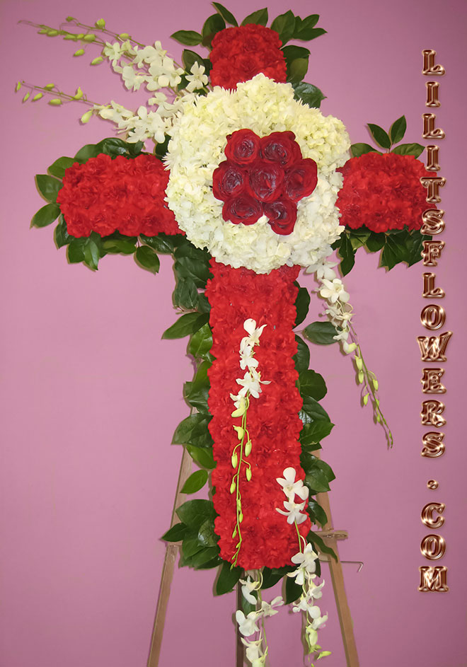 Funeral Florist in North Hollywood, CA Flower Delivery - beautiful funeral cross composed of red roses, red carnations, white hydrangea -
Lilit's Flowers is the premier sympathy flower shop for North Hollywood and the surrounding towns. Order flowers online from Glendale Florist for same day local flower delivery from conveniently located shops in Southern California to send flowers to Glendale, Los Angeles,  Hollywood, Echo Park, Silver Lake, Atwater Village, Burbank, Sherman Oaks, La Cañada, Flintridge, Pasadena, San Marino, Alhambra, Arcadia, Thousand Oaks, Tarzana, Tujunga, La Crescenta,Toluca Lake and more.

Make sure to share with us your arrangement.
 https://goo.gl/maps/Jgj1JeCetJv - cross red and white flowers  - sympathy flowers North Hollywood